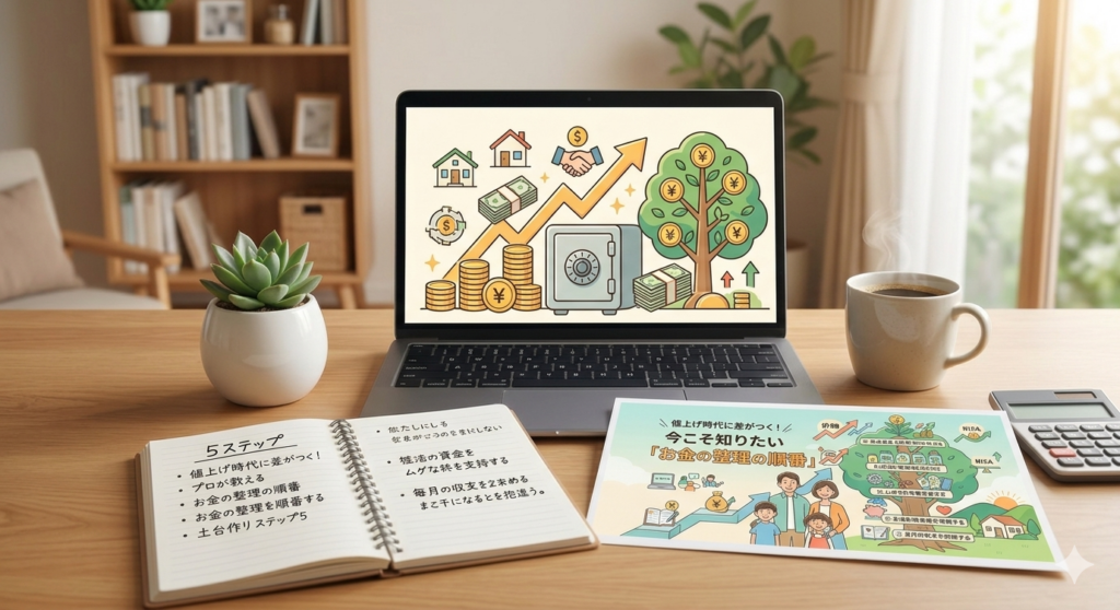 値上げ時代のお金の整理の順番を解説するブログ用アイキャッチ画像。ノートに書かれた5ステップのリスト、PC画面に表示された資産形成のイラスト、そして「お金の整理の順番」を解説した図解チラシが机に並んでいる様子。