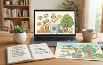 値上げ時代のお金の整理の順番を解説するブログ用アイキャッチ画像。ノートに書かれた5ステップのリスト、PC画面に表示された資産形成のイラスト、そして「お金の整理の順番」を解説した図解チラシが机に並んでいる様子。