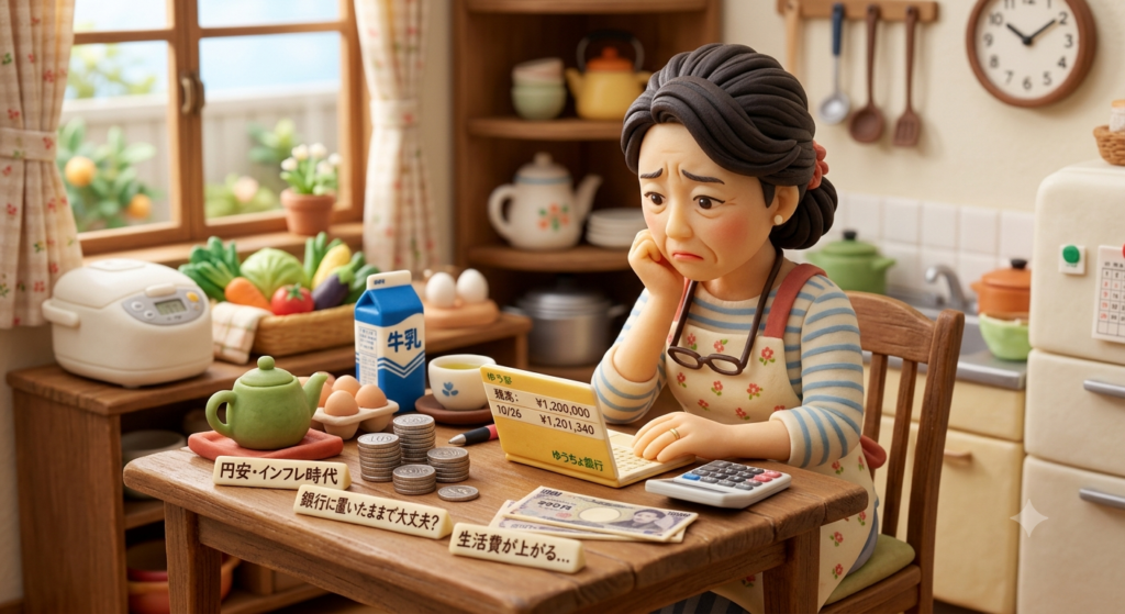 円安・インフレ時代、お金を銀行に置いたままで大丈夫？と心配する人のイラスト